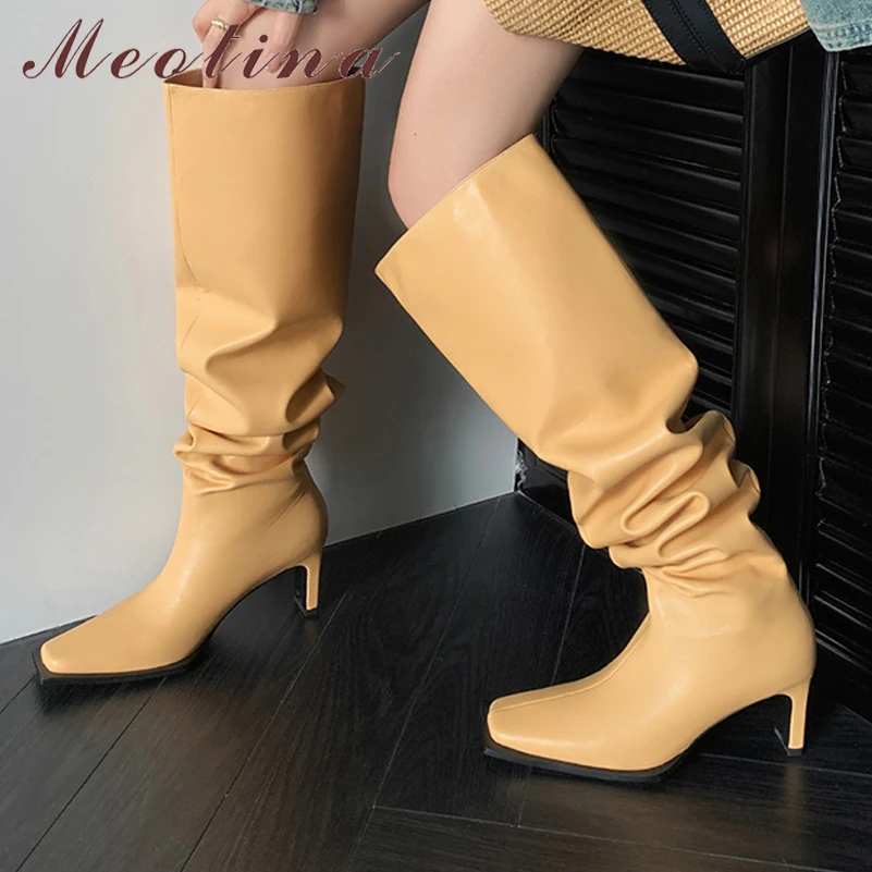 

Meotina Women Knee High Boots Square Toe Thick High Heels Pleated Long Boots Ladies Fashion Shoes Autumn Winter Black Yellow 42
