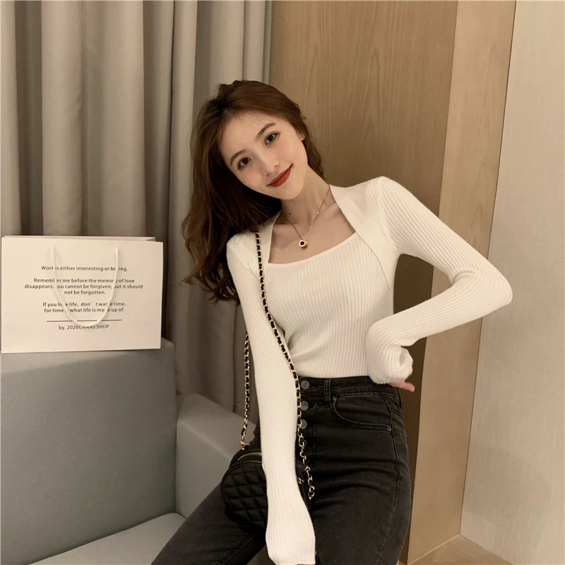 cropped sweater New Fashion Women Knit Sweater Long sleeve heart-neck Casual Woman Slim-fit Tight Knitted sweaters Pullover Tops Female Clothes oversized sweaters