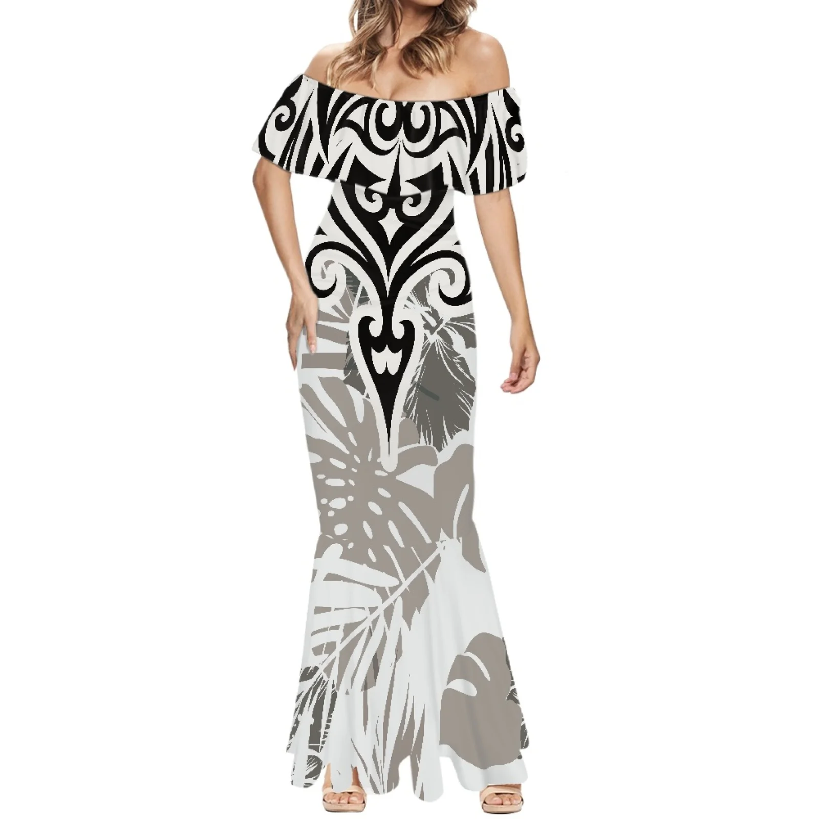 

Women's Long Mermaid Dress, Hawaiian Tribal, Pohnpei, Totem, Tattoo Prints, Multicolor, Holiday, Beach Party,Banquet,Sexy,Summer