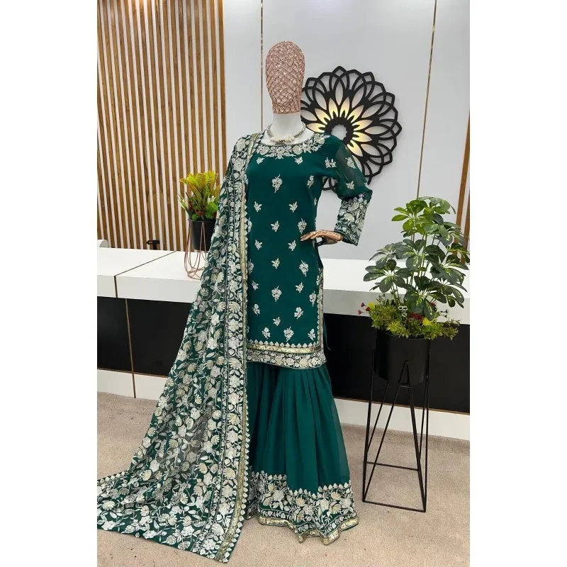 

Pakistani Salwar Kameez Green Embroidery Faux Georgette with Full Heavy Cotton Thred Embroidery Sequence Work with Sleeve