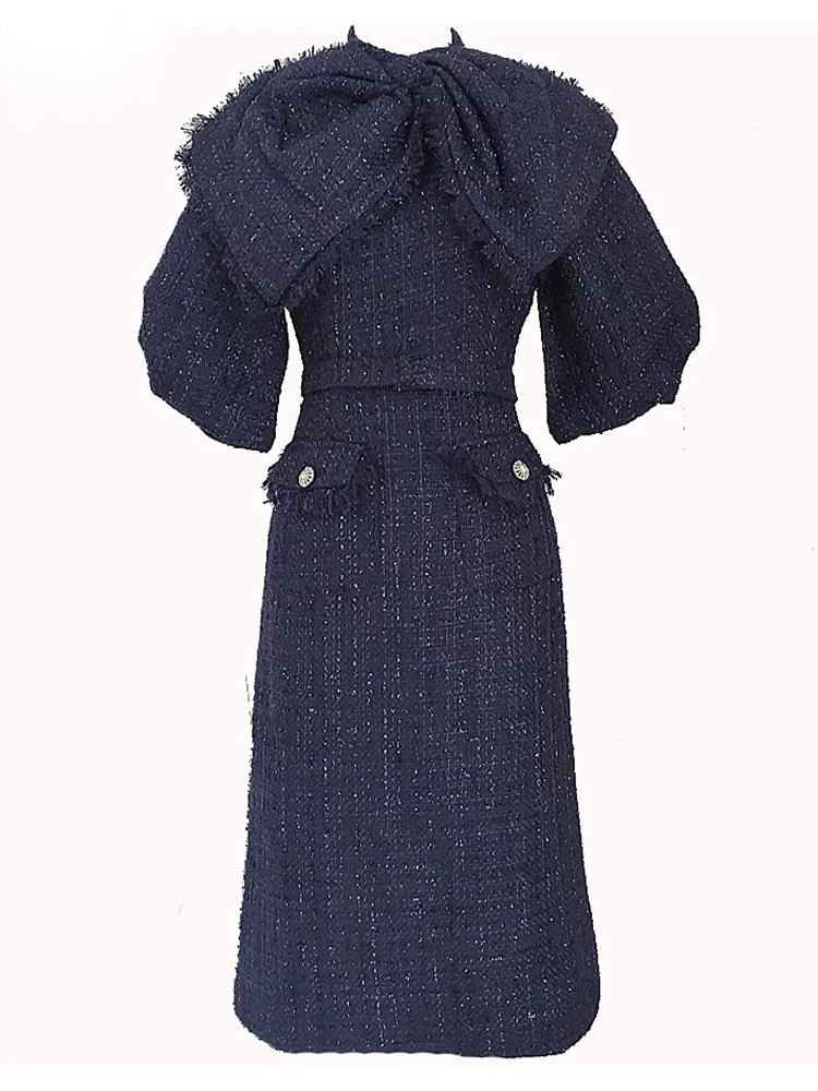 

NICEWOMEN Bownot Tassel Spliced Puff Sleeve Tweed Dresses For Women Vintage Elegant High Waist Slim Dress 2023 New Clothing AH90
