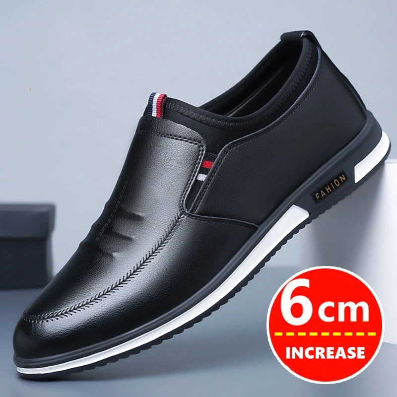 Casual Shoes Men Hollow Breathable Cow Leather Casual Elevator Shoes Soft Comfortable Flat/6cm Hidden Heels Height Increase Sneakers