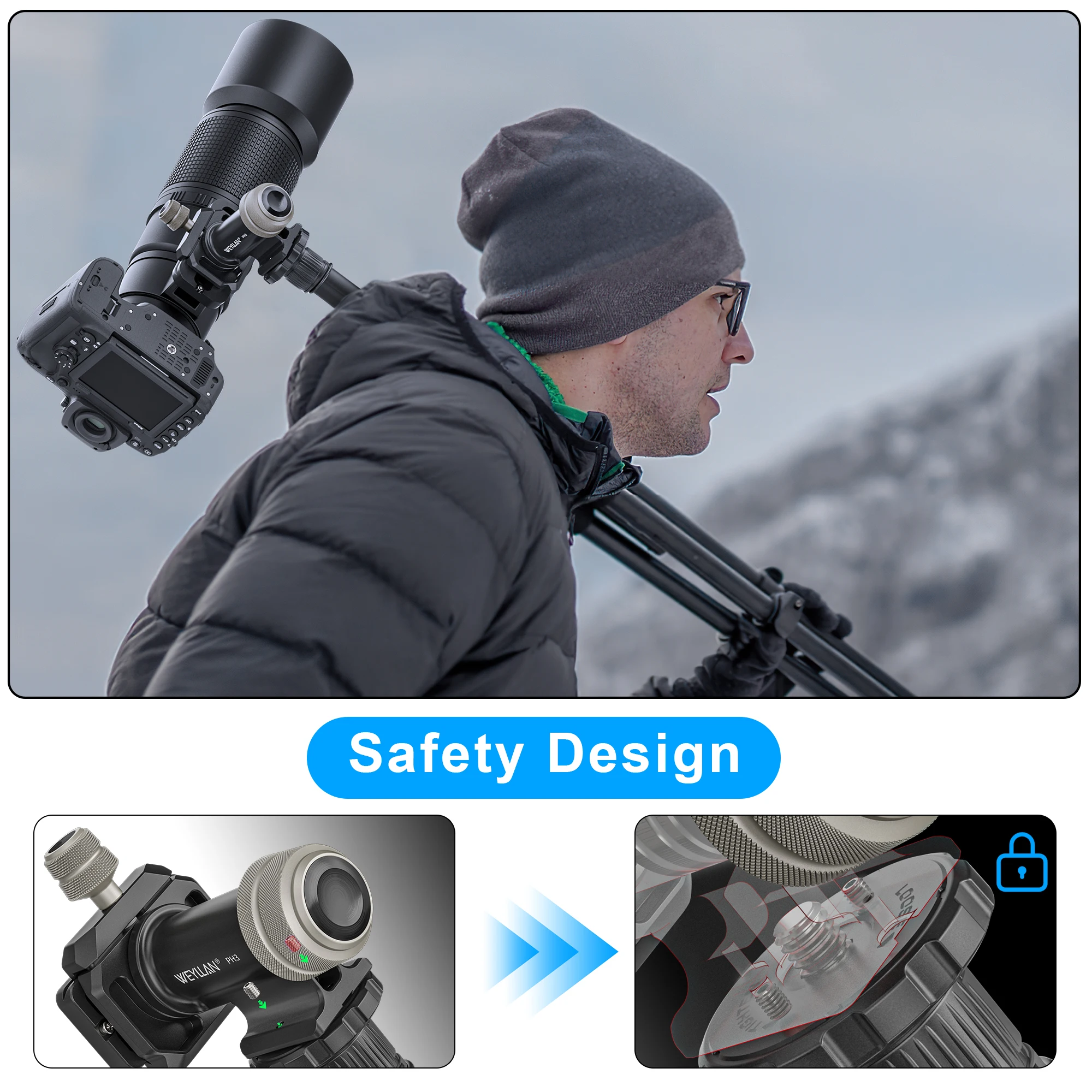 PH3 Gimbal Head Tripod Mount Light Portable Long Telephoto Lenses Monopod Metal