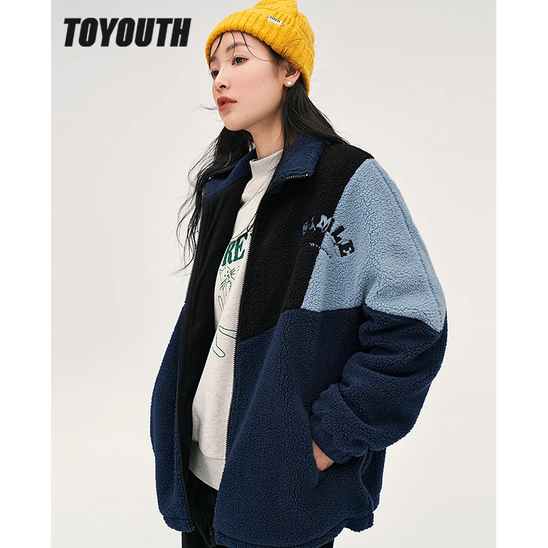 

Toyouth Women Thick Plush Coat 2022 Winter Long Sleeve Stand Collar Loose Jacket Color Contrast Vintage Warm Casual Sweatshirt