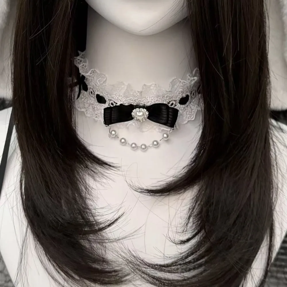 Collana girocollo alla moda con fiocco in pizzo e volant per donna, collana girocollo stile Lolita con perle per ragazza, collana con colletto in pizzo, accessori carini per il collo - immagine 3