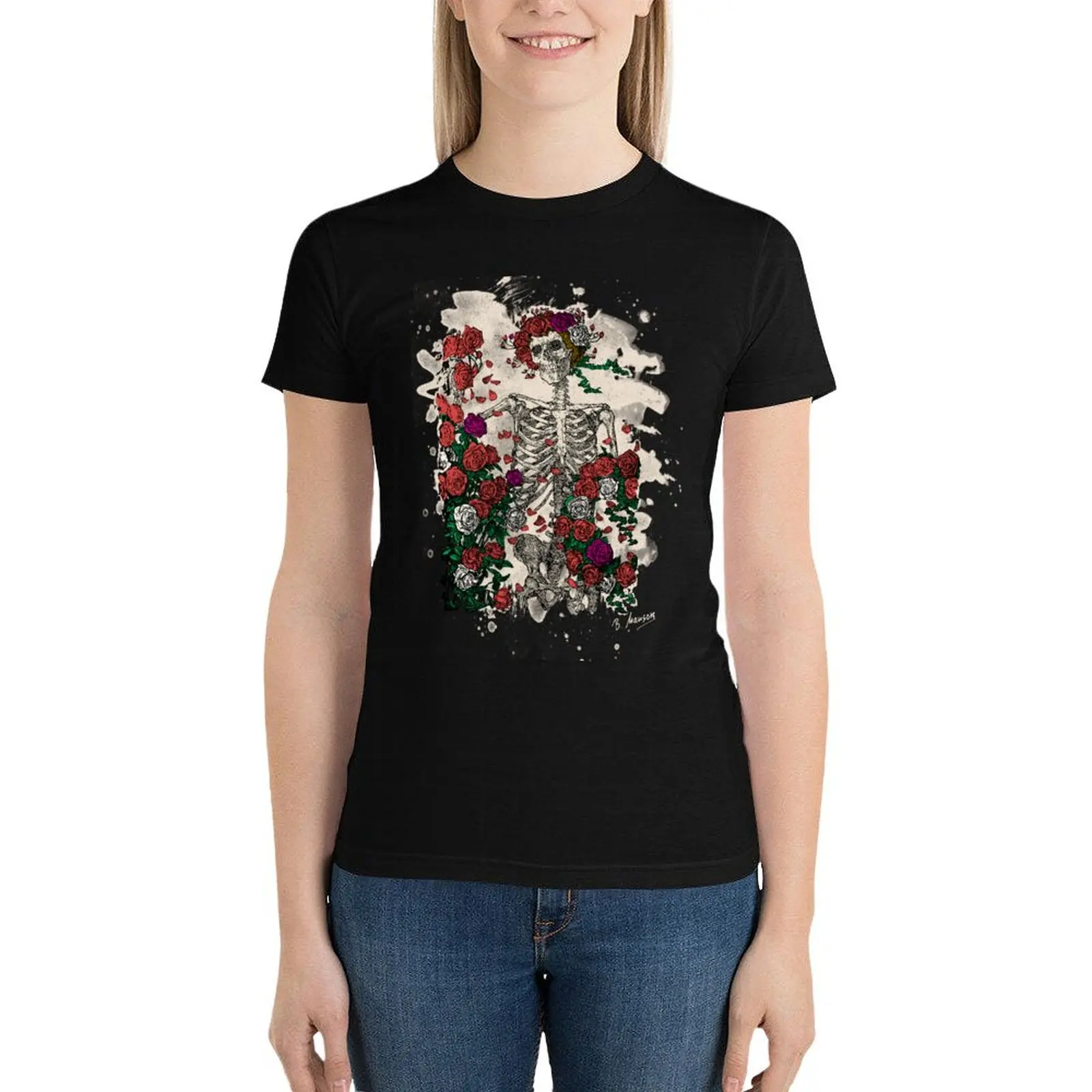 Skeleton & Roses - bleached look T-Shirt Aesthetic clothing shirts graphic tees black t shirts for Women
