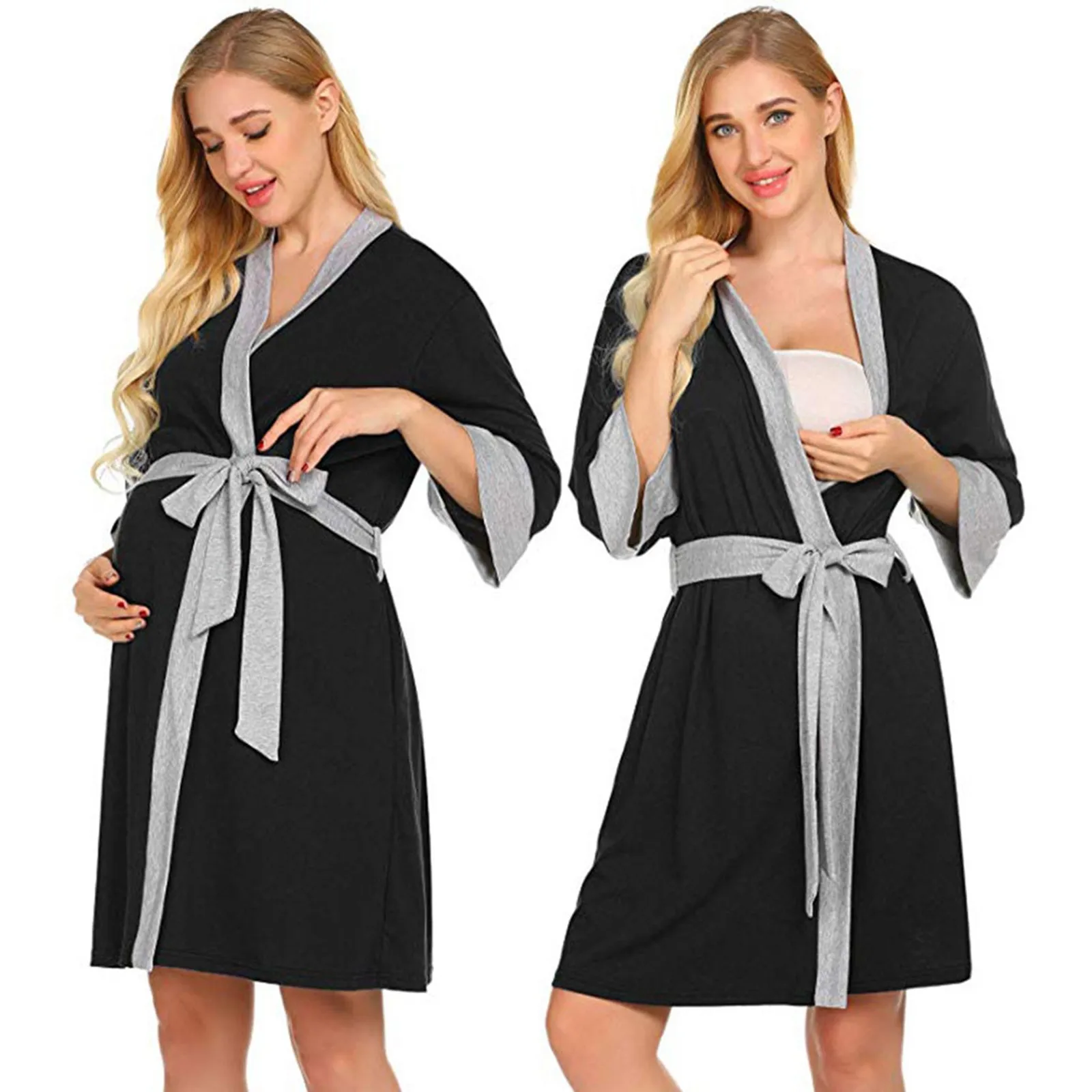Women's Bathrobe Maternity Robe Nightgown Postpartum Home Nursing Dress Feeding Pajamas For Pregnant Belted Kimono Sleepwear