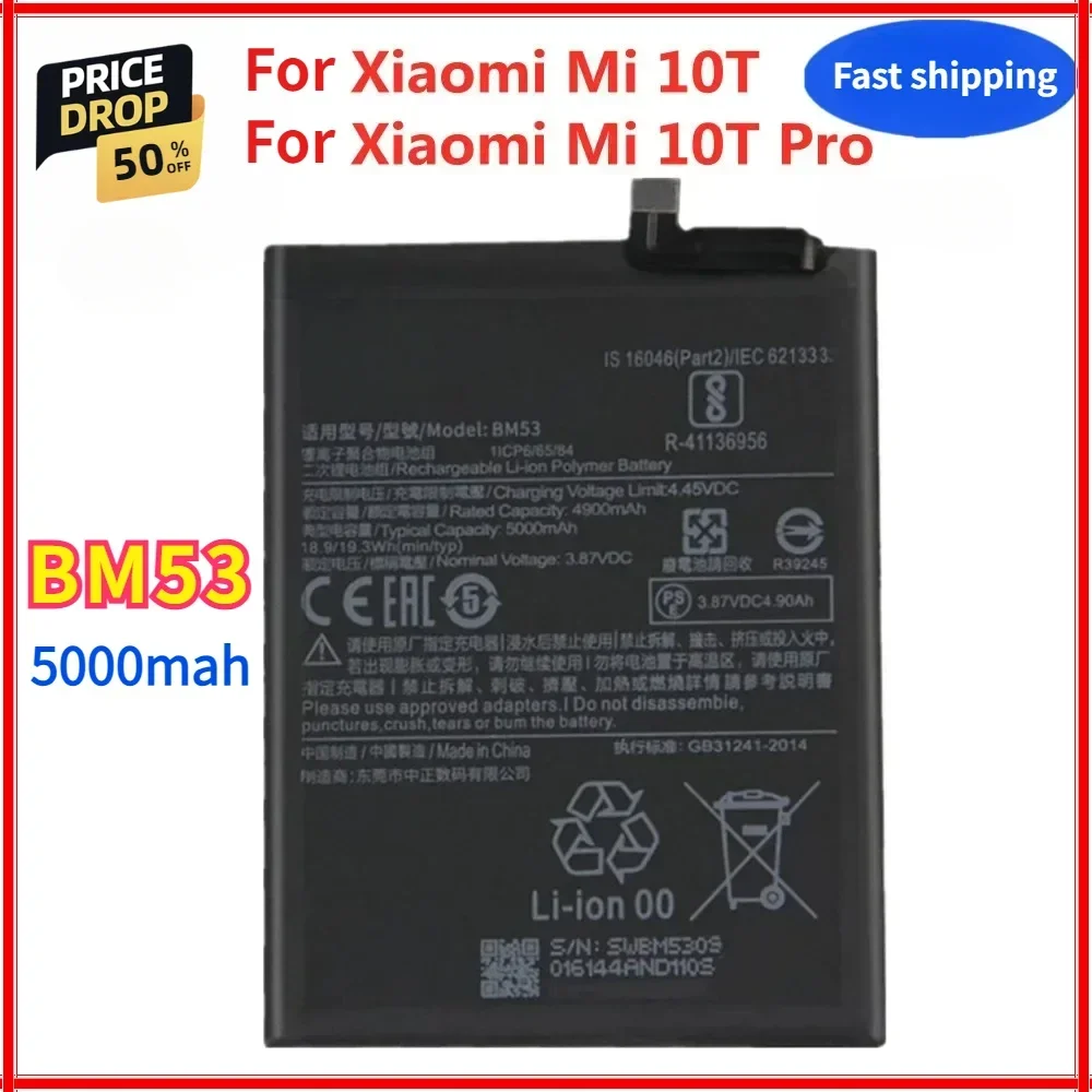 5000mAh BM53 Battery for Xiaomi 10T / 10T Pro Mi 10T Mi10T 10TPro Phone Batteries Large Capacity High Quality Bateria