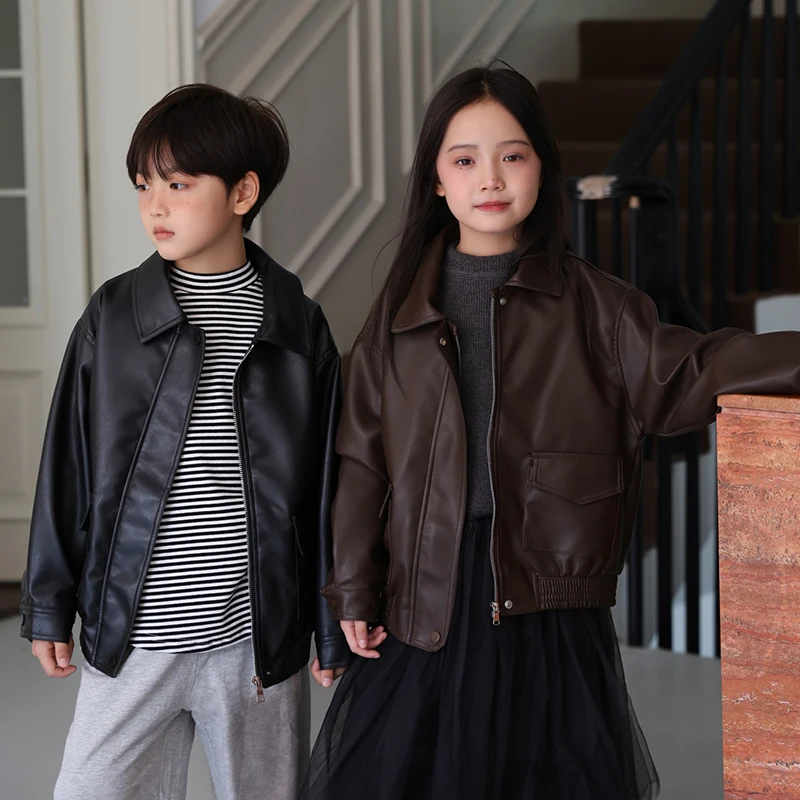 Spring Autumn Kids Leather Jackets for Girls Baby Jean Coats