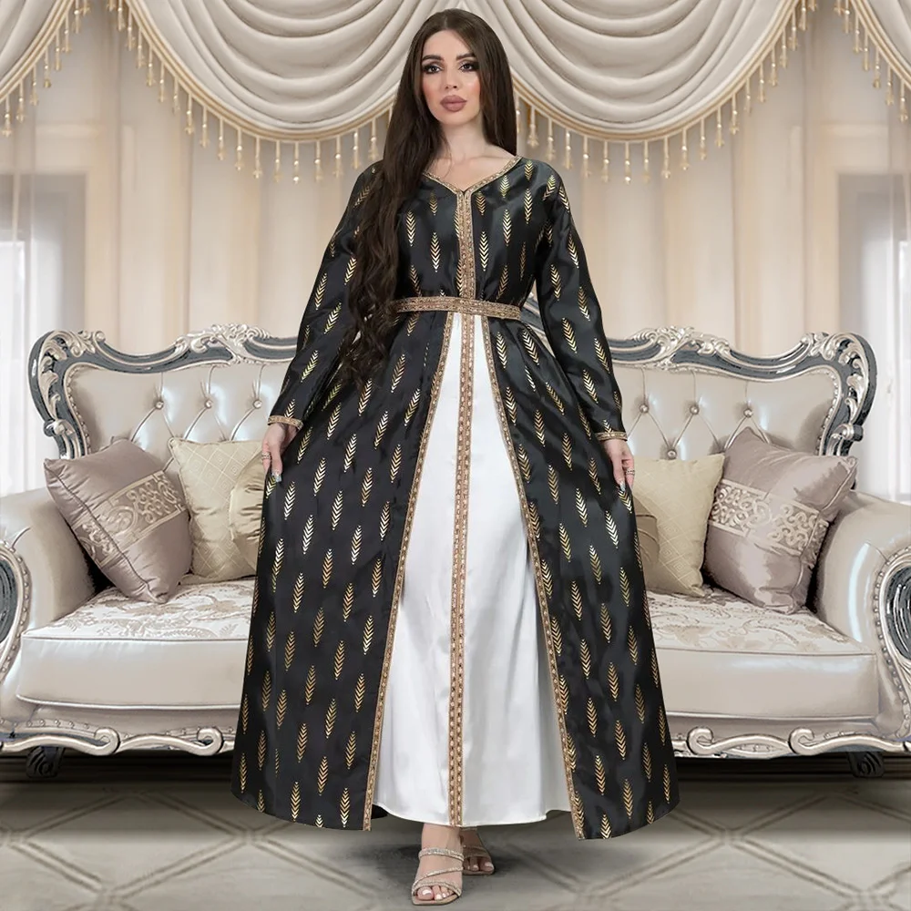 Muslim Dress For Prom Dubai Fake 2 Pieces Long Dress Fashion Apparel Coloring Gold Stamping Saudi Arabia Abaya Robe V-neck