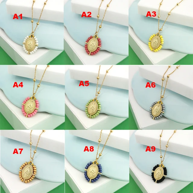 Collier ras du cou pour femme avec pendentif Vierge Marie, chaîne en acier inoxydable couleur or, perles de rocaille, style bohème blanc, noir, rose