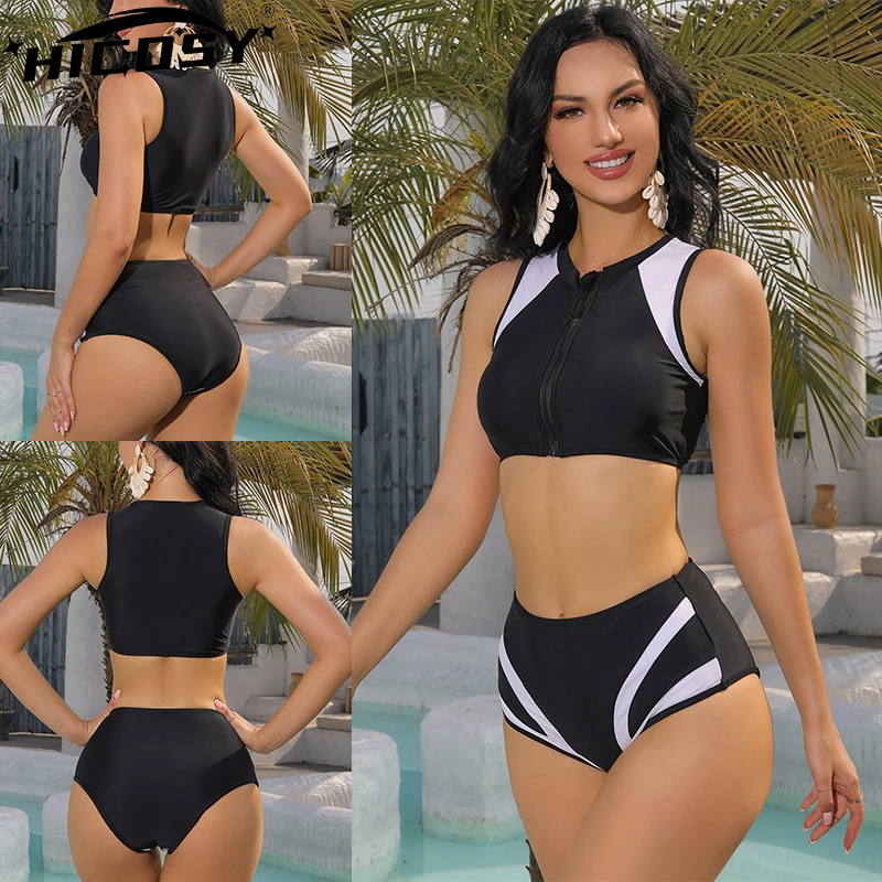 2023 New Sexy Zipper Swimsuit Women 2 Piece Set Solid Swimwear Swimsuit Push Up Monokini Bathing Suit Trunks Summer Beachwear