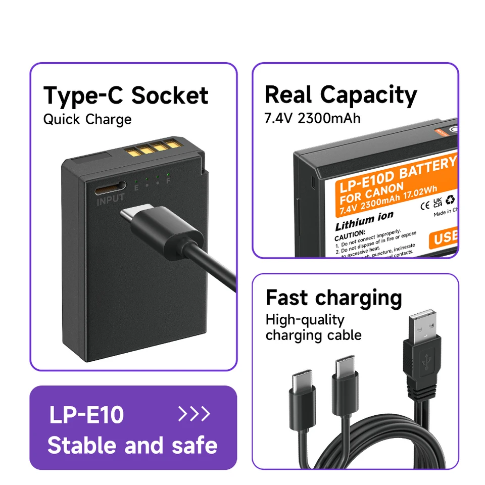 Caricabatterie USB Singolo LP-E10 Per Canon EOS 1100D 1200D 1300D 1500D 3000D Rebel T3 T5 T6 – Con Cavo Micro USB - 3