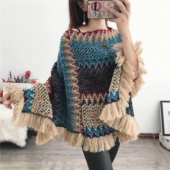 2023 fashion winter warm turtleneck capes Pullover Women Knitting Poncho Capes Autumn New  Female Fashion Bohemian Poncho Cloak Tassel Winter Clothing National Khaki