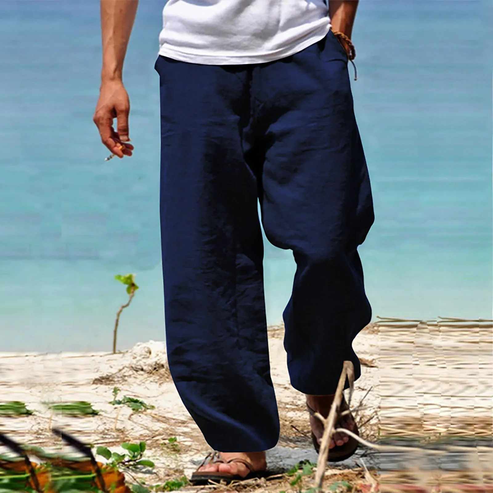 Men pants Men's Cotton Linen Harem Pants Casual Drawstring Elastic Waist
