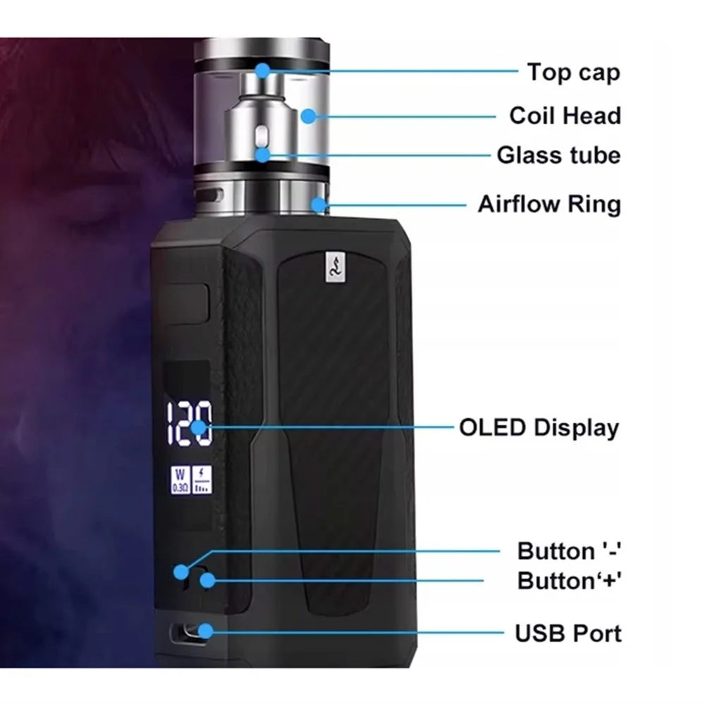 120W E-Cigarettes Vape Mod Box Kit 2.5ml Tank Atomizer 1800mah Built-in Battery OLED Screen Big Smoke Vaporizer Vaper Device atomizer tank