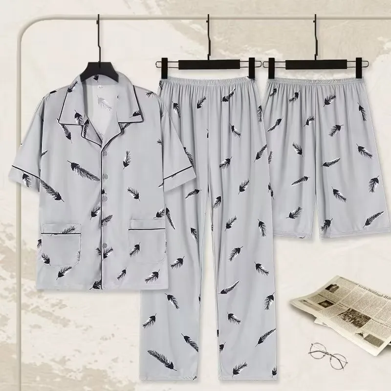 Men's Pajamas Loungewear Three-Piece Set Cotton Spring and Summer Short Sleeve Shorts Trousers