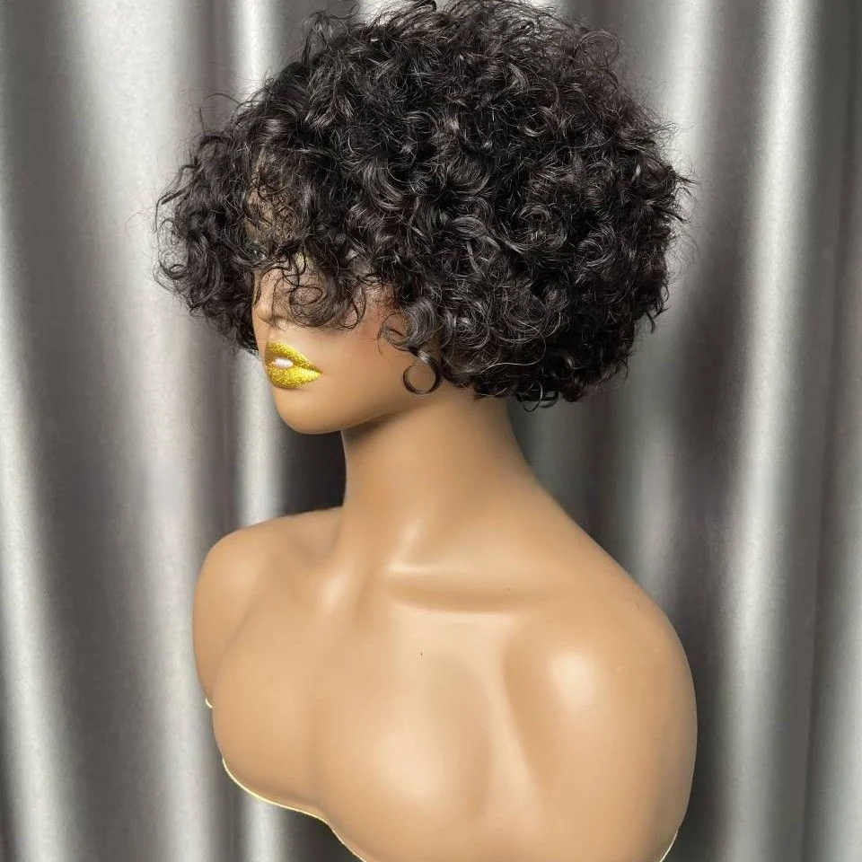 Women's Side Parted Short Curly Pixie Cut Bob， Human Hair Wig ,Full Machine Wigs， For Black Women Brazilian Remy Hair