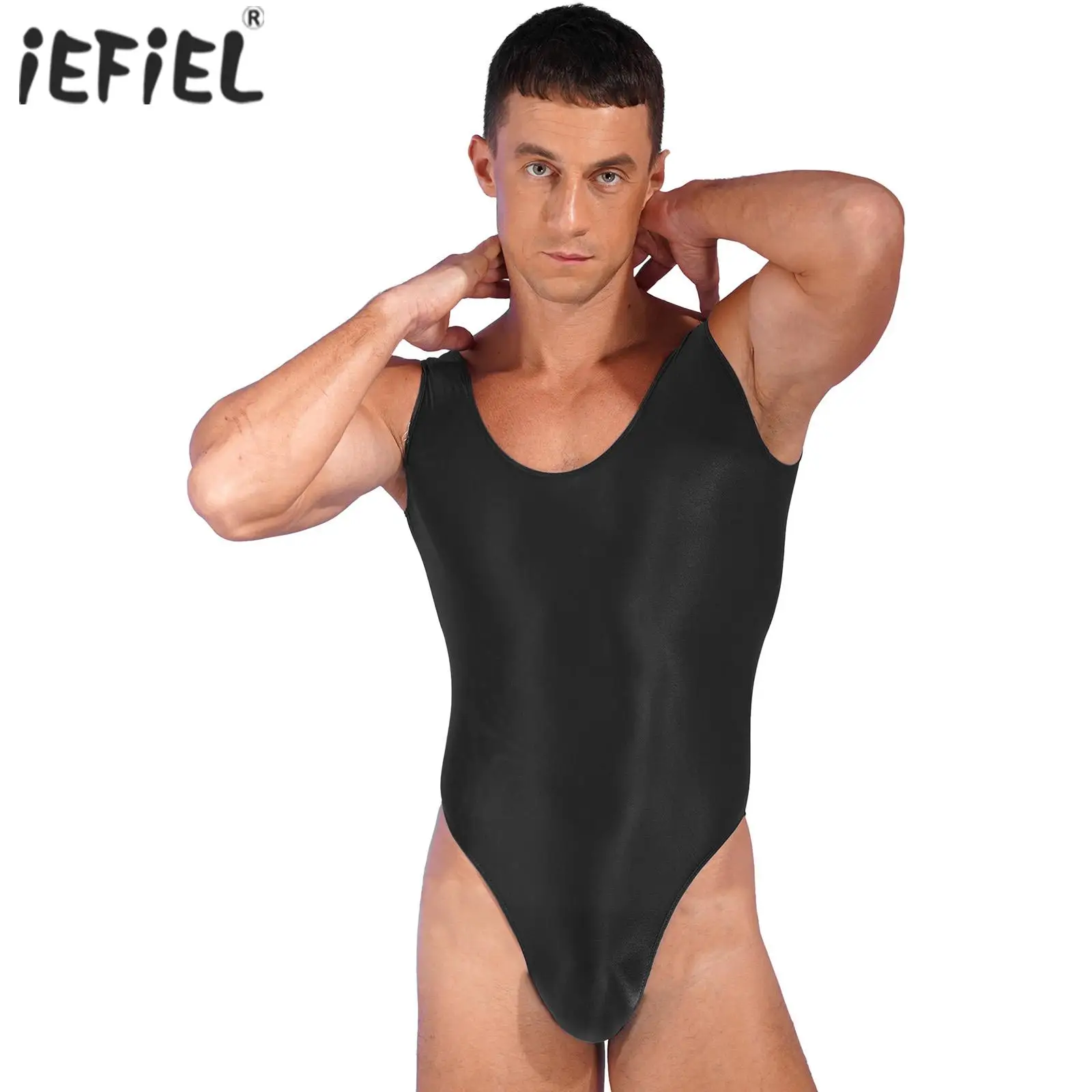 

Mens Glossy Backless Bodysuit Pool Party Swimsuit Gymnastics One Piece Swimwear High Cut Sleeveless Leotard Sports Yoga Fitness
