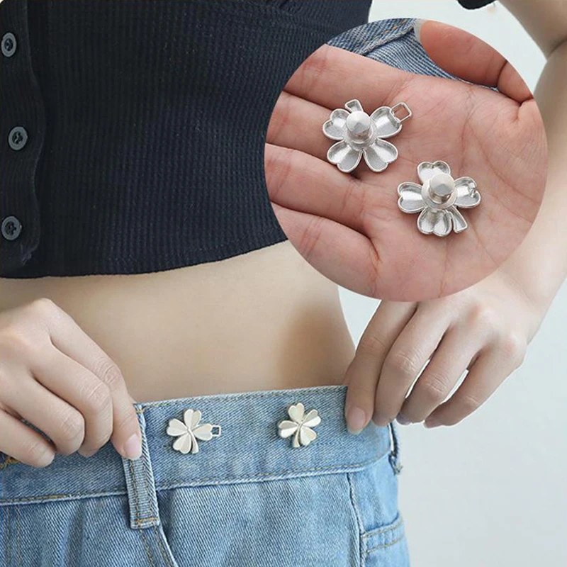 1Pair Four Leaf Clover Tightener Adjustable Waist Buckle For Jeans No Sewing Required Button Removable Pants Skirts