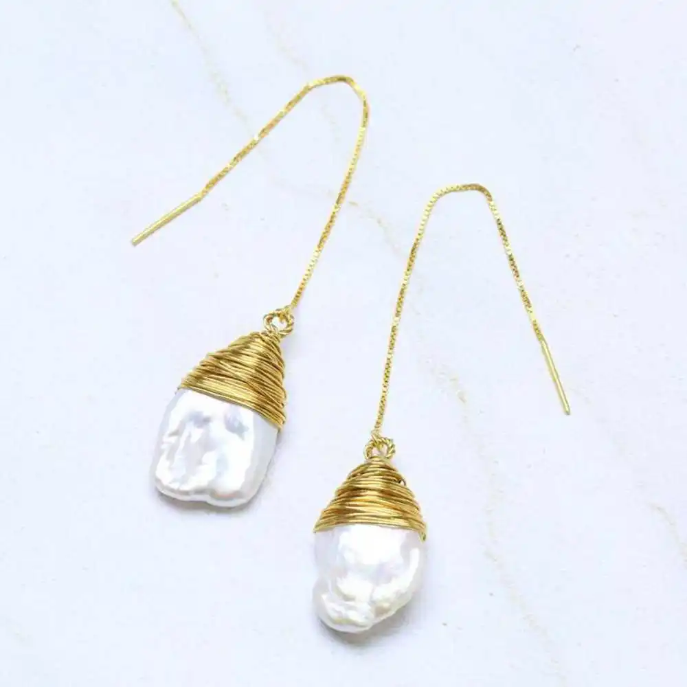 

White Baroque Freshwater Pearl Pearl Earrings 18K Ear line Party Holiday gifts Cultured Diy Jewelry Beautiful Aquaculture Easter