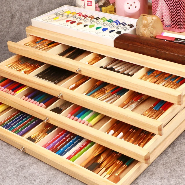 Art supplies brush storage box wooden drawer-style painting box color lead  art four-layer desktop stationery pen rack finishing - AliExpress