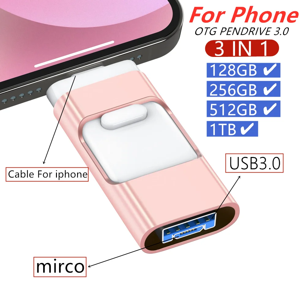 Per Iphone 3 In1Usb 3.0 Flash Drive Per Iphone Photo Memory Stick 128Gb 256Gb 512Gb 1Tb Mico Per Iphone6/7/8/X/11/12Pro Lightning