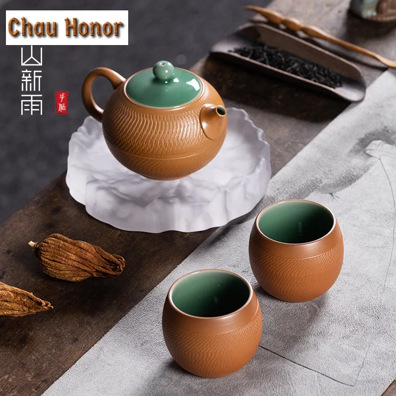 Handmade Jumping Knife Longquan Celadon Tea Set Complete Set Ancient Tea Ceremony Set Teapot and Tea Cup Set Tea Item Collection