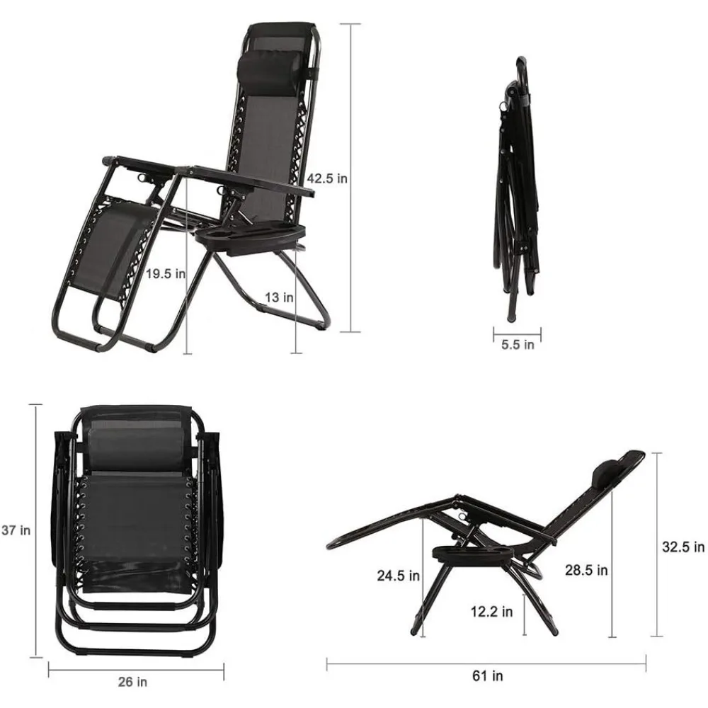 Zero Gravity Lawn Lounge Chairs Set of 2 with Pillow and Cup Holder - Adjustable Reclining Folding Outdoor Chairs for Deck, 3