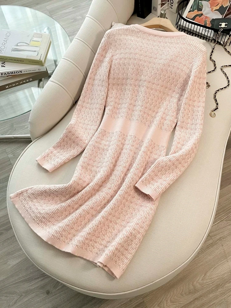 Celebrity Elegant Pink Knitted Sweater Dress Women Long Sleeve V