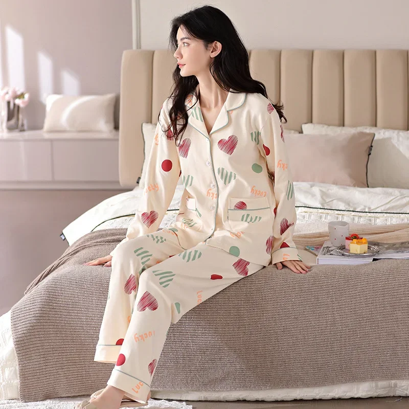 Cute Korean Style Home Pajamas Set Women's Spring and Autumn Full Cotton Color Leisure Gentle Long-sleeved Long Pants Sleepwear