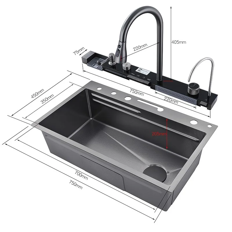 304 Stainless Steel Kitchen Sink Double Waterfall Single Slot Integrated Digital Display Faucet Set Soap dispenser Cup Washer 6