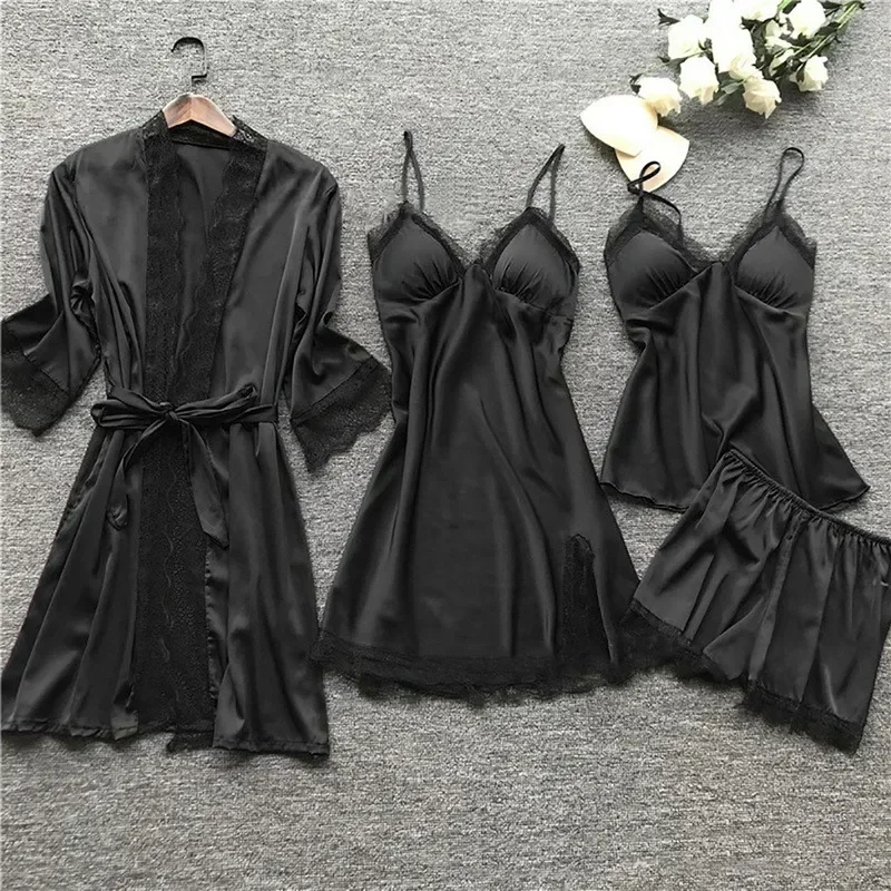 2024 New Women Pajamas Sets Satin Sleepwear Silk 4 Pieces Nightwear Pyjama Strap Lace Sleep Lounge Pajama with Chest Pads Drop