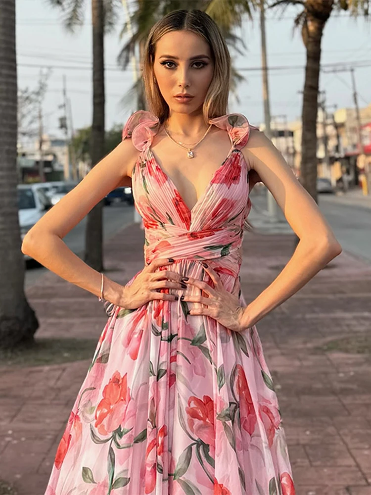 Beach Vacation Print Dress Women 3D Flower V Neck Sleeveless Bandage High Waist A Line Robe Female 2026 Summer New Chic Dresses 1