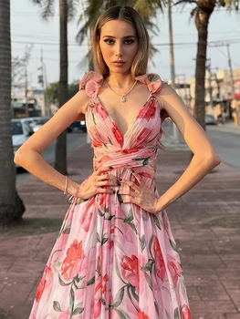 Beach Vacation Print Dress Women 3D Flower V Neck Sleeveless Bandage High Waist A Line Robe Female 2026 Summer New Chic Dresses 1