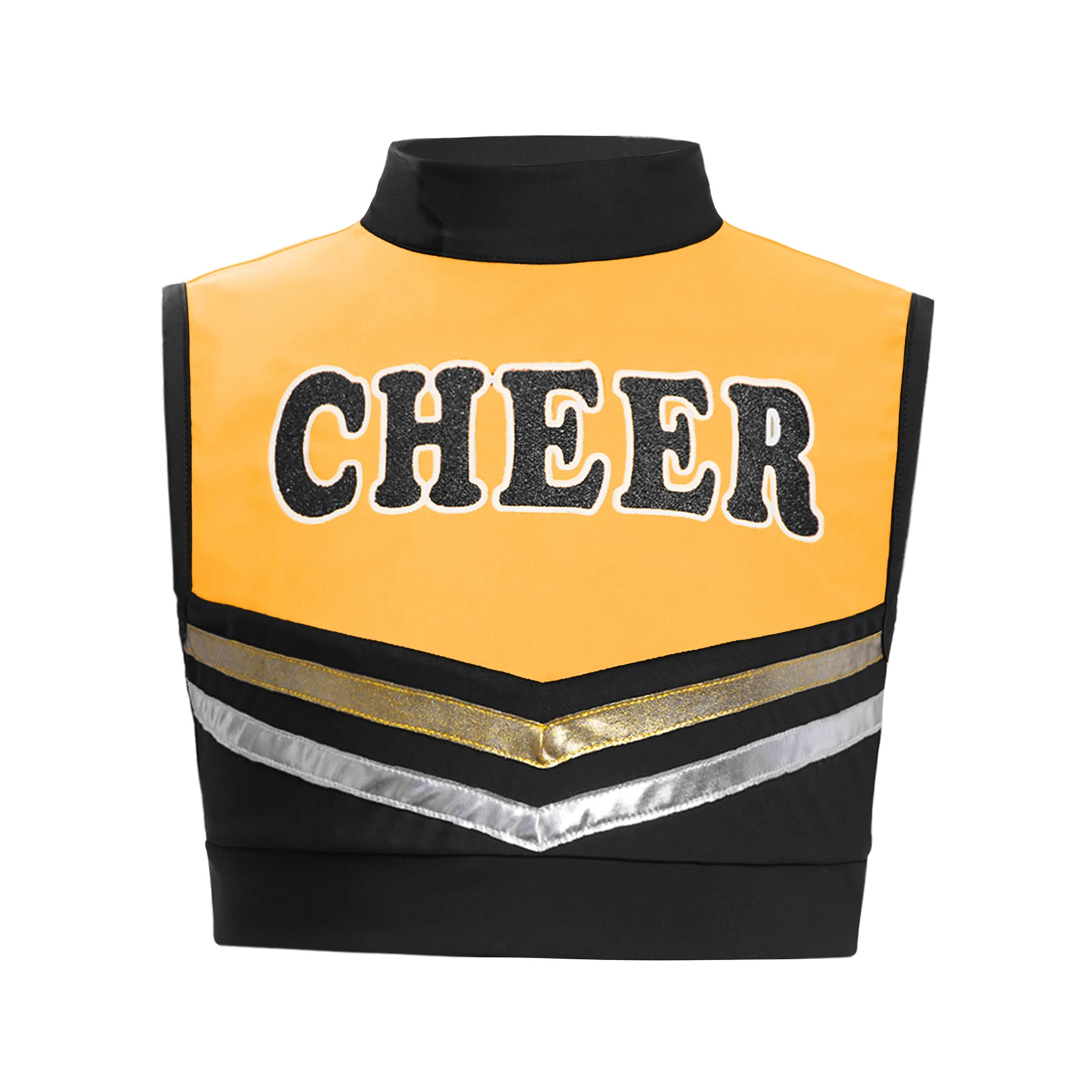 Kinder Mädchen Cheerleader Cheerleading Tanz Performance Kostüm Buchstaben bedrucktes Crop Top mit metallisch gestreiften Rock und Shorts – Detail 11