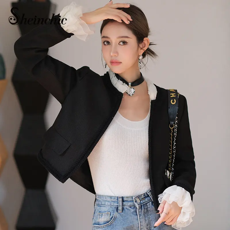 Luxury Black Tweed Jacket for Women 2022 Korean Fashion Elegant Ruffles  Flare Sleeve Tops High Quality Wool Coat Mujer