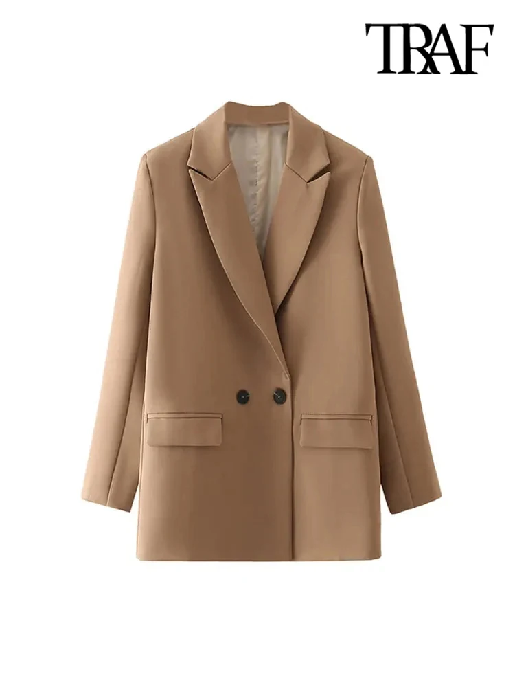 TRAF Women Chic Office Lady Double Breasted Blazer Vintage Coat Fashion Notched Collar Long Sleeve Ladies Outerwear Stylish Tops 4