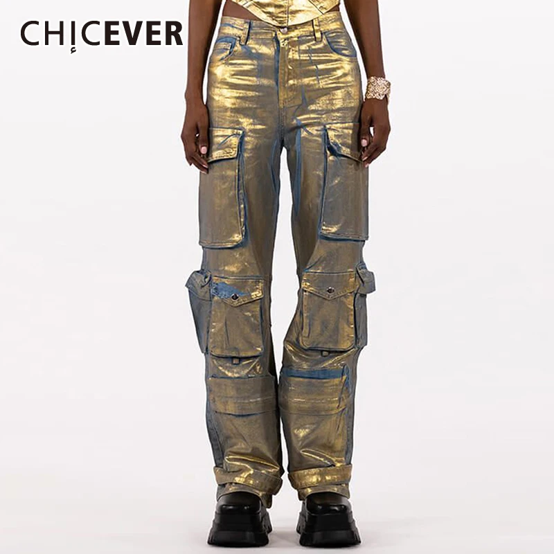 

CHICEVER Vintage Colorblock Chic Denim Pant For Women High Waist Patchwork Pockets Streetwear Casual Loose Cargo Trousers Female