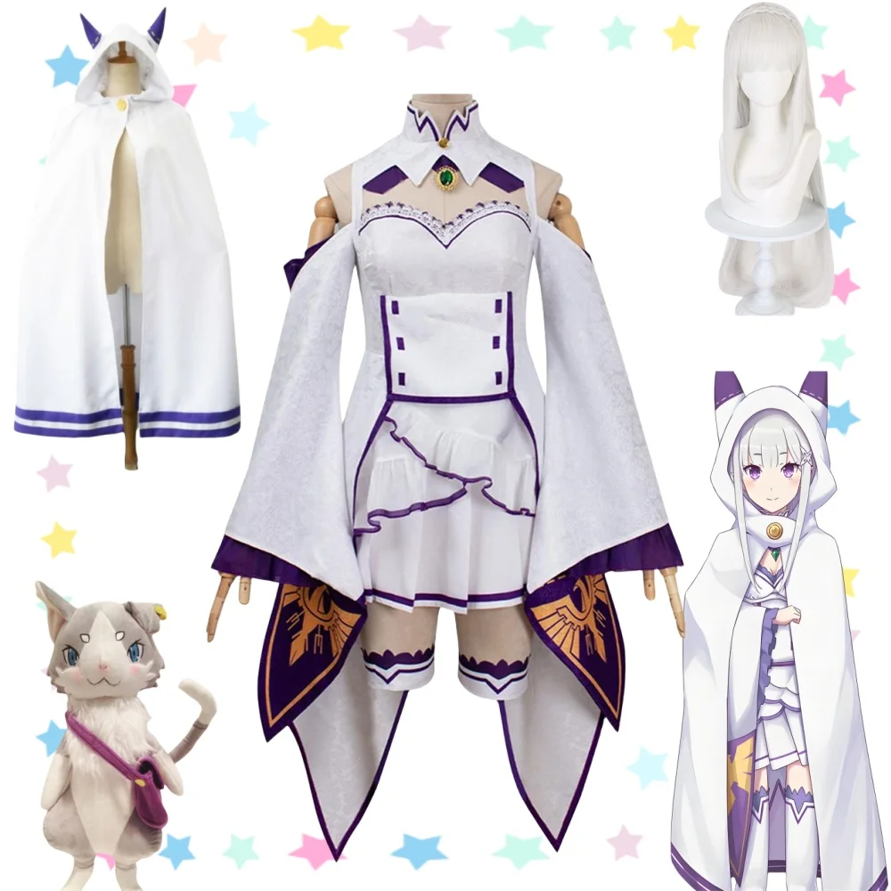 

Emilia Emiria Cosplay Anime Re Life In a Different World From Zero Costume Wig Half Elf Dress Cloak Halloween Party Clothing