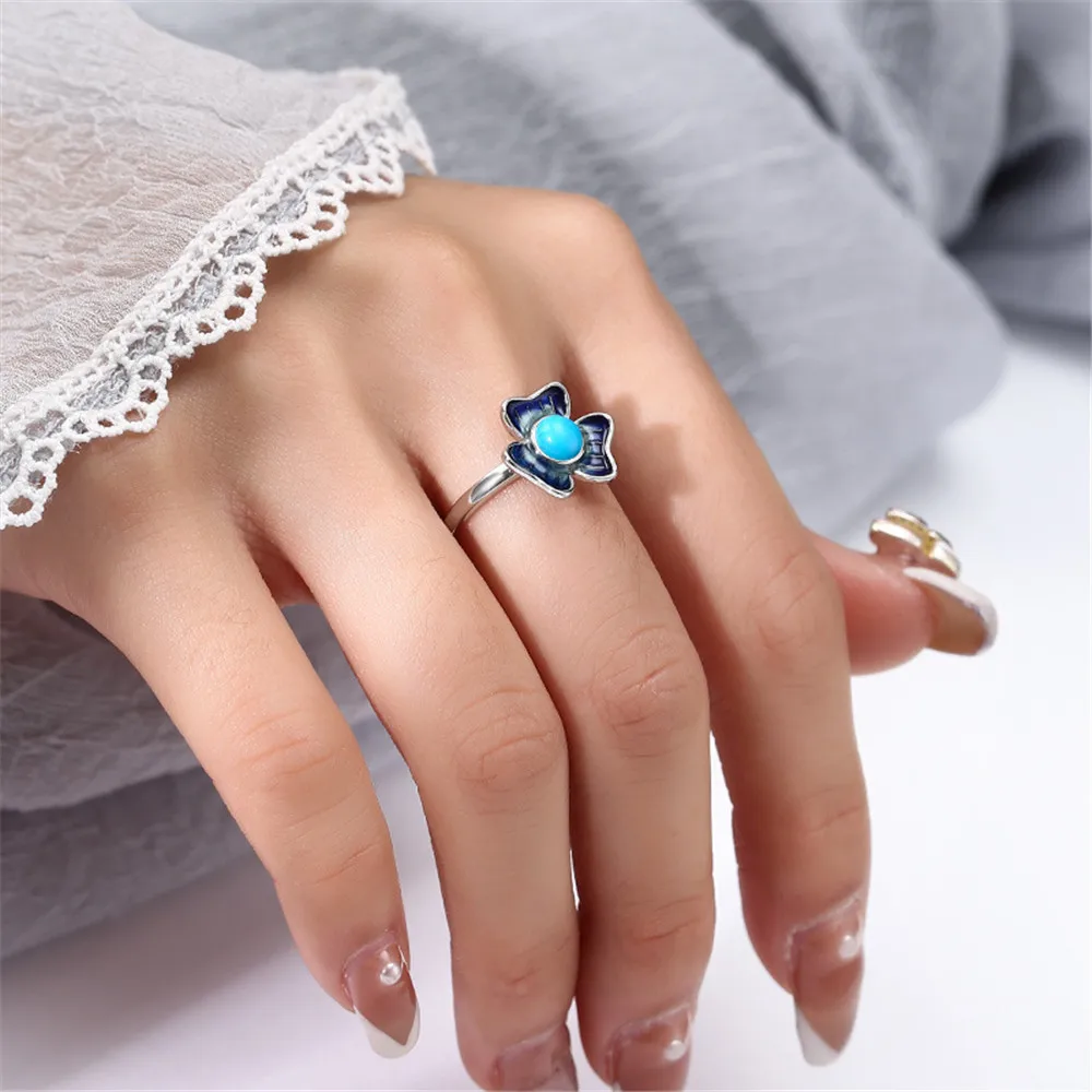 Ring Setting for 5x5mm Round Cabochons Flower Shape Ring Base White Gold Plated 925 Silver Enamel Adjustable Ring Blank RB435S