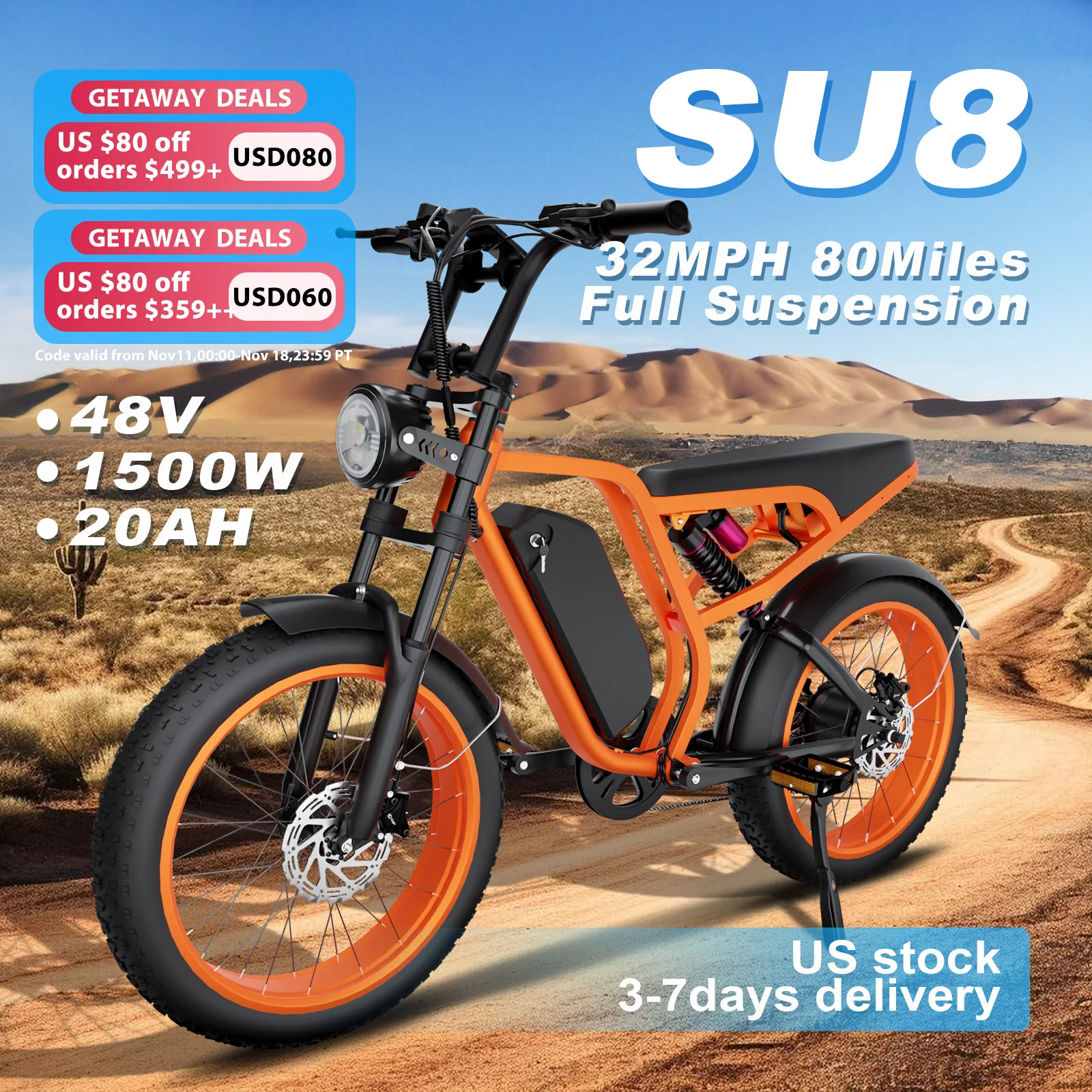SU8 Model Electric Bike: 48V 1500W Motor, 35MPH Speed, 75-Mile Range, Detachable Battery"
