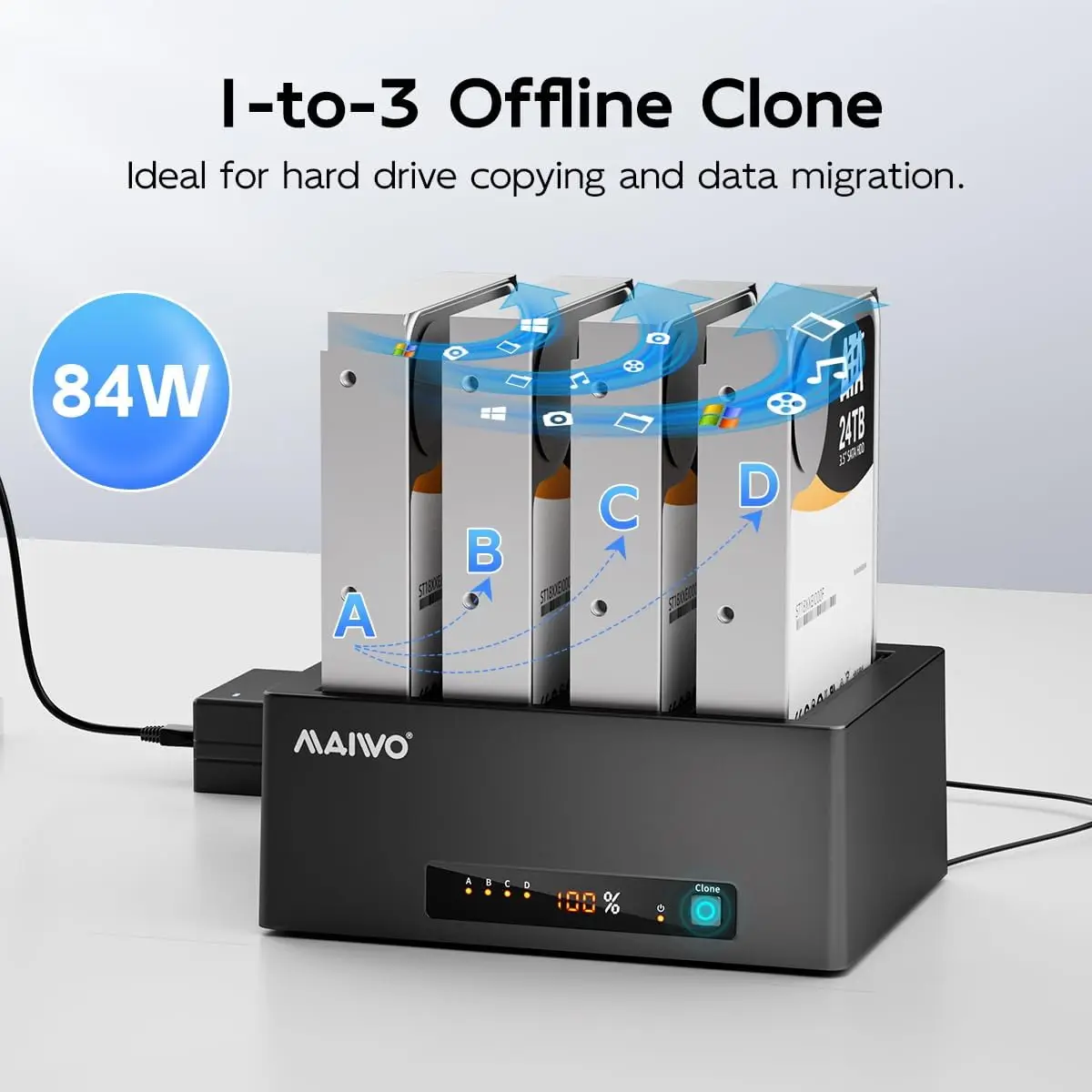 MAIWO 4베이 하드 드라이브 인클로저, 2.5/3.5인치 HDD SATA를 USB 3.0 외장 SSD/HDD 도킹 스테이션으로 변환, 오프라인 클론 기능 탑재