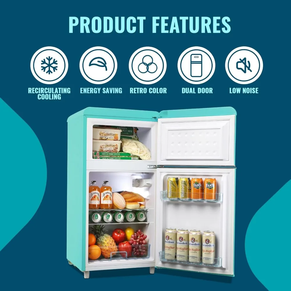 New 3.5 Cu.Ft Retro Mini Fridge Two Doors for Home Dorm College Office Freestanding Blue Refrigerator