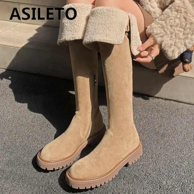 

ASILETO Winter Women Thigh Boots Flock Round Toe Flats Zipper Plus Size 41 42 Warm Plush Snow Bota Fashion Daily Female Shoes