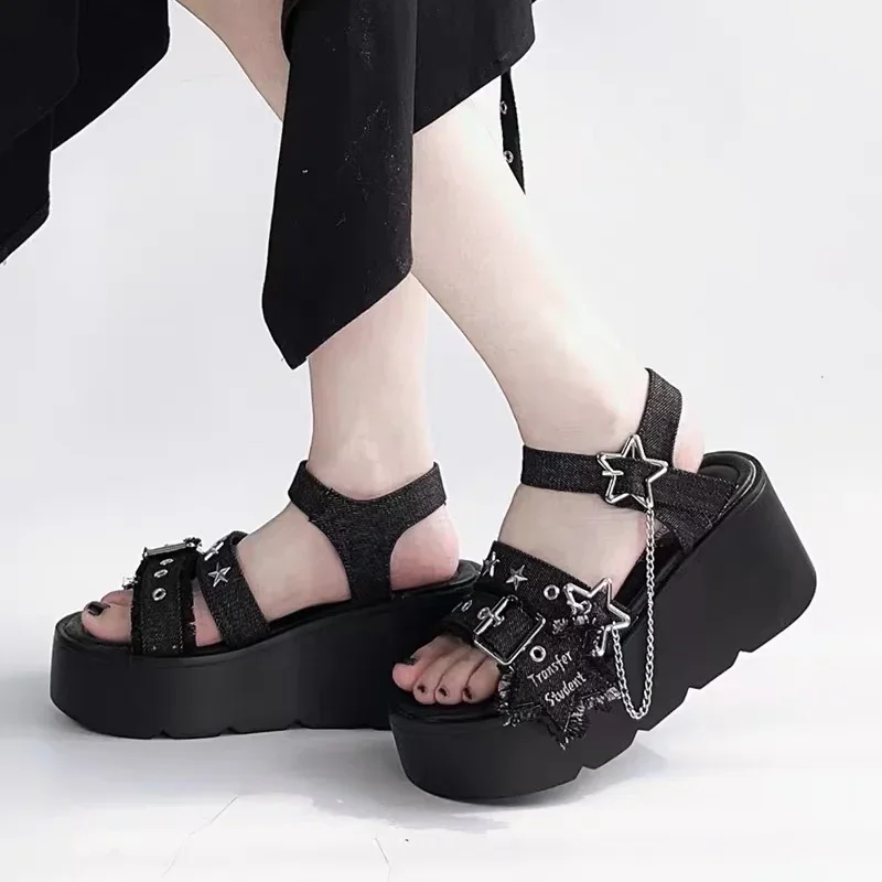 Black Denim Chunky Platform Sandals Women 2025 Summer Y2K Star Ankle Buckle Wedge Sandals Woman Punk Thick Bottom Gothic Shoes