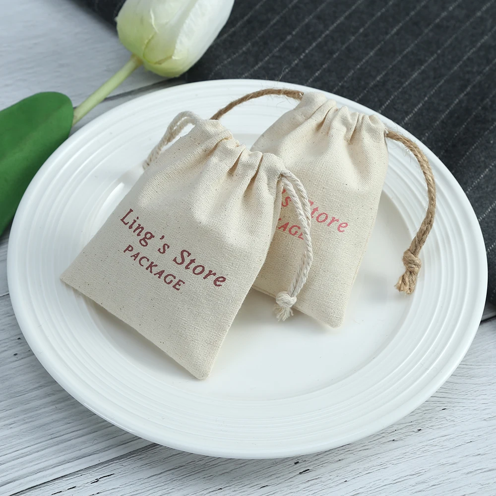 

100 Bulk Custom Logo Cotton Burlap Jewelry Bag Nature Canvas Gift Bags for Necklace Earring Ring Organizer Pouch Wedding Favor