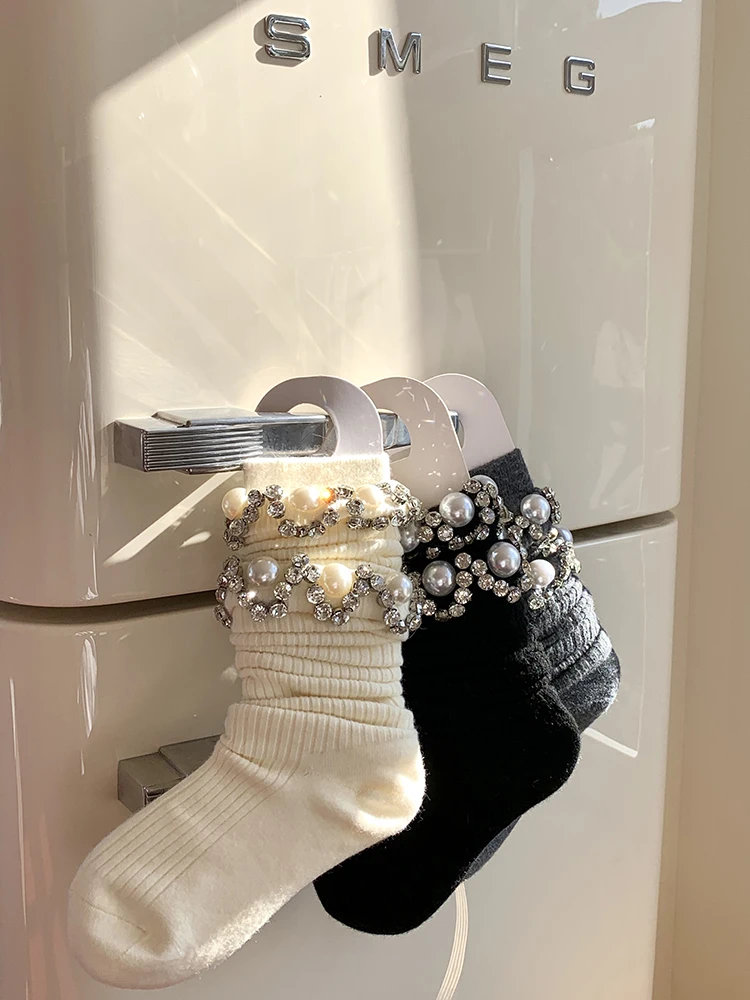 White Calf Socks Dongdaemun Stacked Socks Rhinestone Pearl Stockings Gray Bunching Tube Socks Girl Series Thigh High Stockings