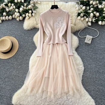 Chic vintage a maniche lunghe in maglia lavorata a maglia impiombata floreale sottile moda coreana autunno inverno abbigliamento donna abito set da due pezzi 1