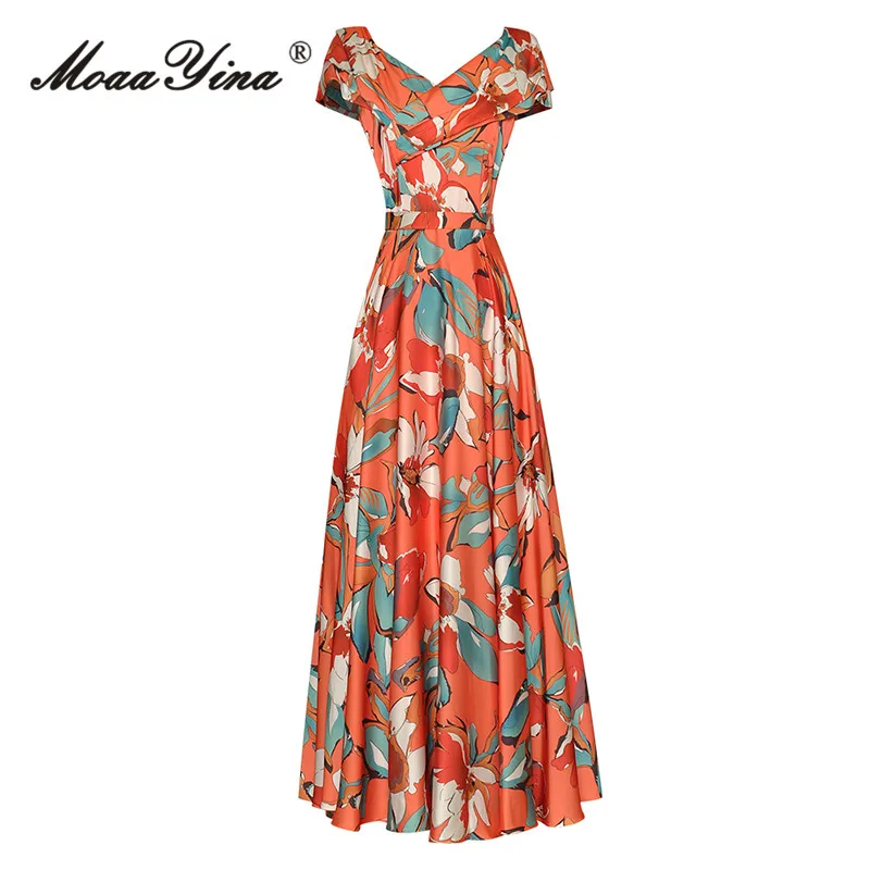 

MoaaYina Fashion Designer dress Summer Women Dress V-Neck High Waist Slim Vintage Floral Print Big Swing Dresses